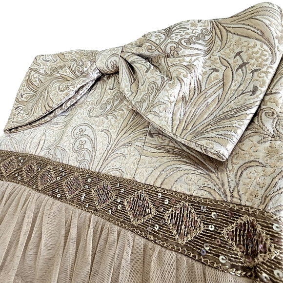 Inspire Me Strapless Taupe/Gold Tapestry Bow/Tiered Mesh Ruffle Party Dr… - Picture 9 of 17